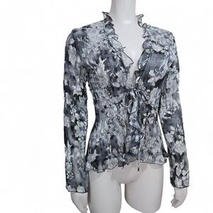 Vintage Y2K Ruffle Tie Front Top S Fairycore Boho Sheer Burnout pleated Metallic